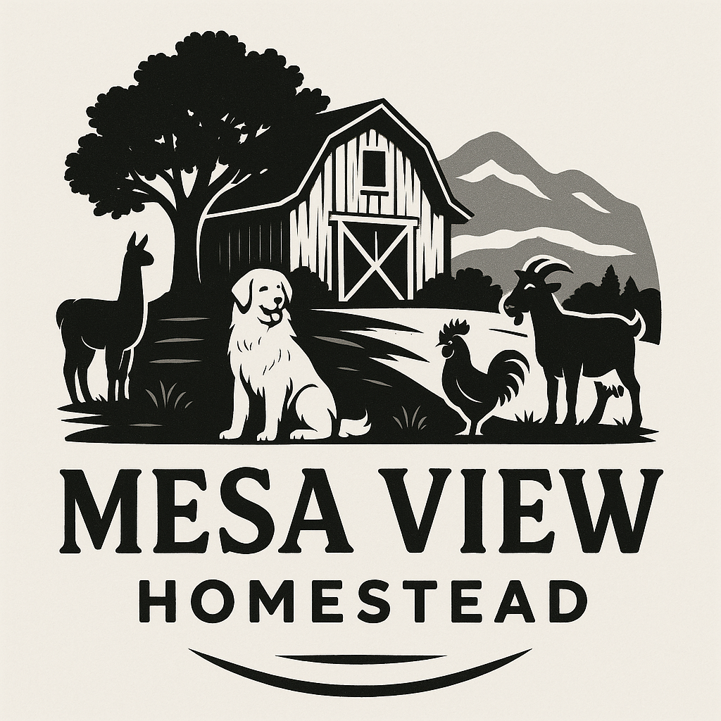 The logo for Mesa View Homestead showing a Colorado Mountain dog, rooster, goat, and alpaca