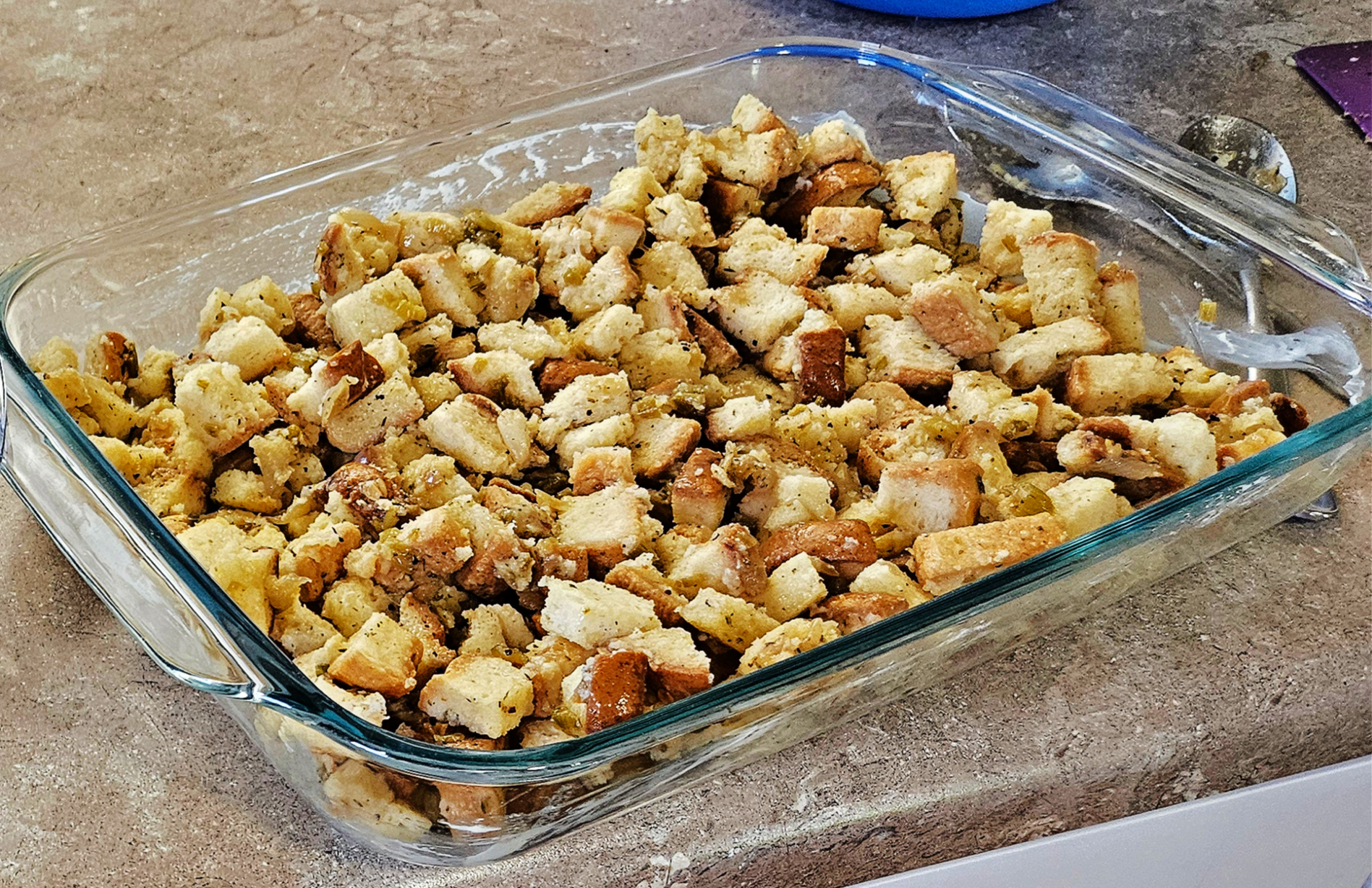 Dressing, also called stuffing, ready to put in the oven for a holiday dinner.