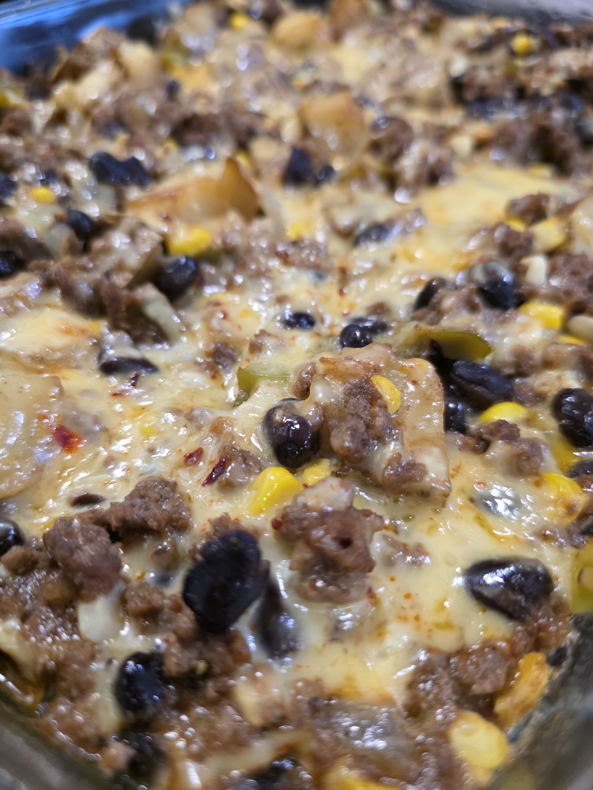 Up close picture of a dinner casserole called Campfire Casserole