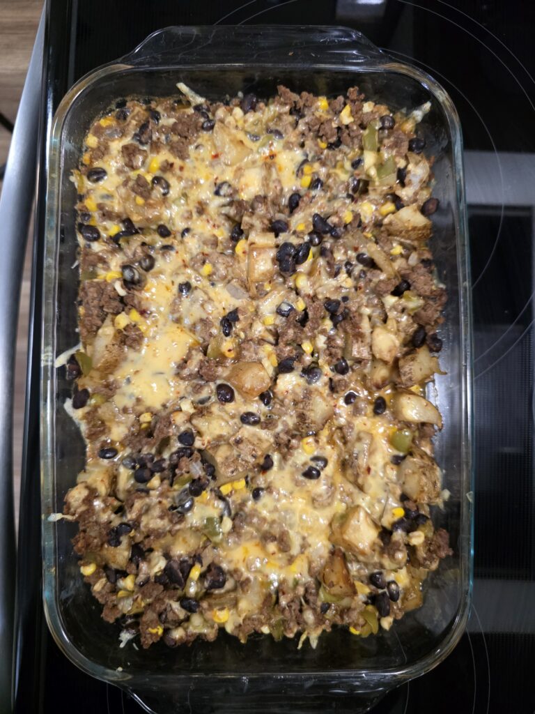 A casserole called Campfire Casserole straight out of the oven.