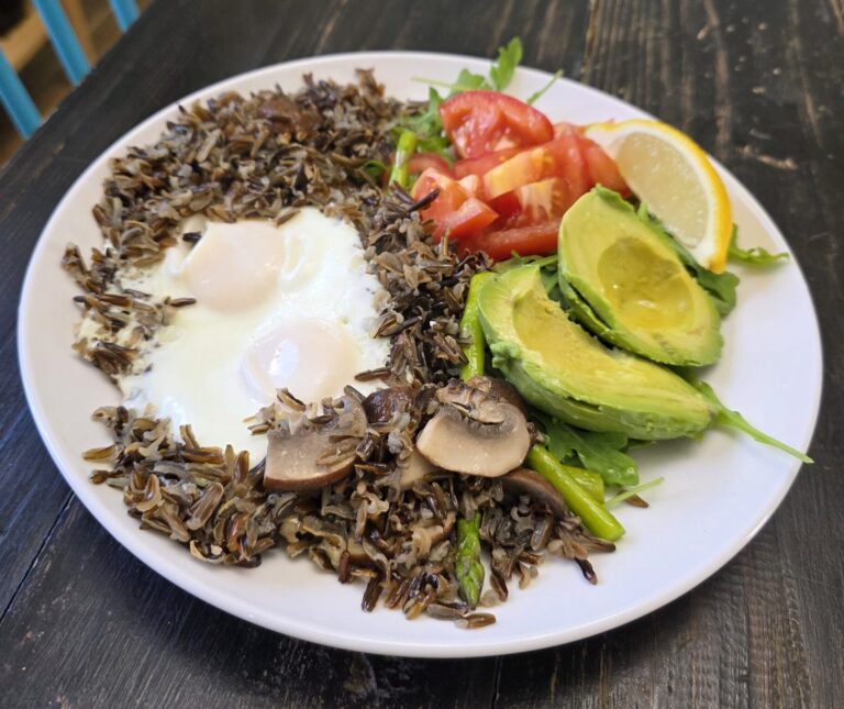 Veggie and Savory Wild Rice Breakfast on a white plate