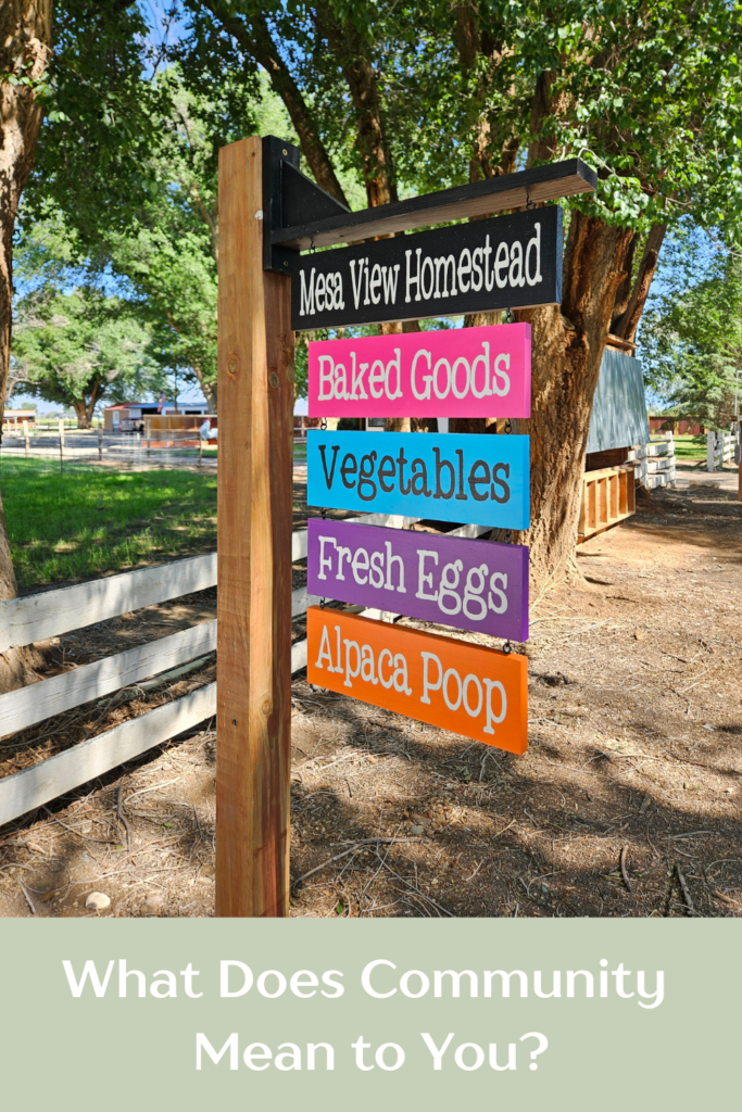 pinterest pin for post about community depicting a family farmstand sign